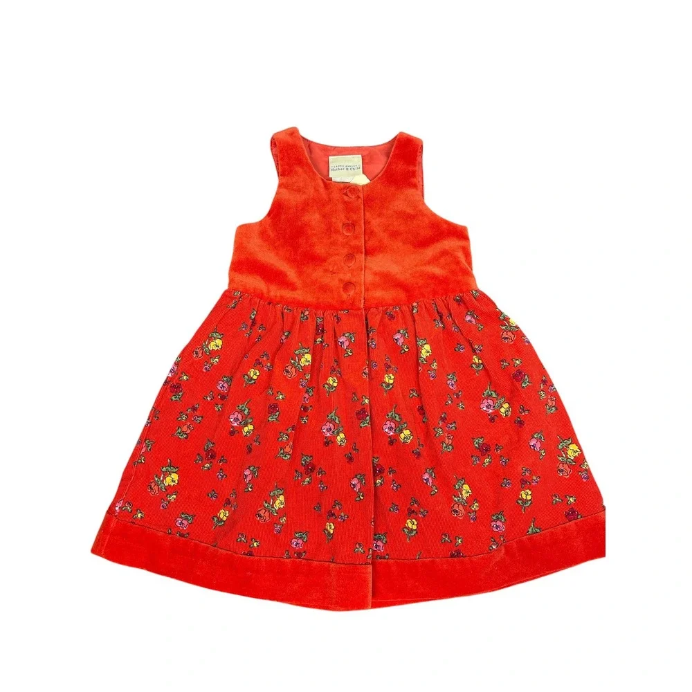 Laura‎ Ashley Mother Child Girls Floral Corduroy Dress Red Vintage 18 Months NWT